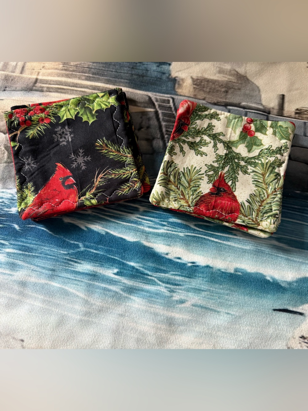 Set of Handmade Cardinal Print Fabric Coasters